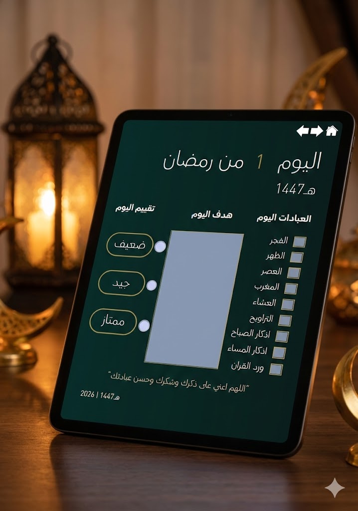 بلنر رمضان رقمي 1447 هـ | منظم عبادات تفاعلي + خطة ختمة القرآن + تتبع يومي وأسبوعي