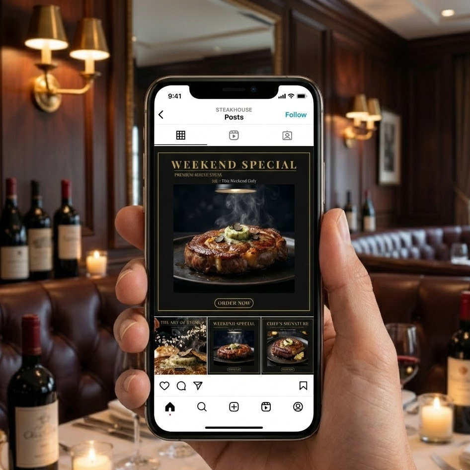 Luxury Steakhouse Instagram Content Kit (10 Editable Canva Templates)باقة تصاميم إنستغرام فاخرة لمطاعم الستيك | قوالب Canva قابلة للتعديل لزيادة الحجوزات